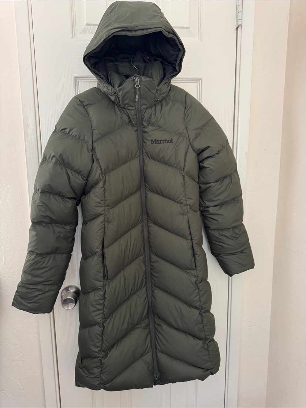 Women’s Marmot Olive Green Hooded Long Puffer Coat